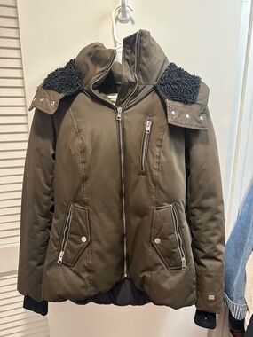 Soia & Kyo Olive Green Hooded Puffer with Faux-Shearling Trim